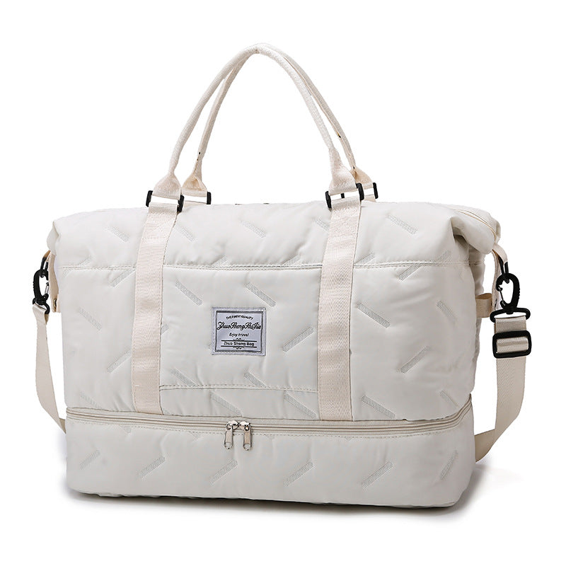 White Stylish Quilted Duffel Bag for Travel & Gym - Large Capacity Weekender with Shoe Compartment and Wet Pocket