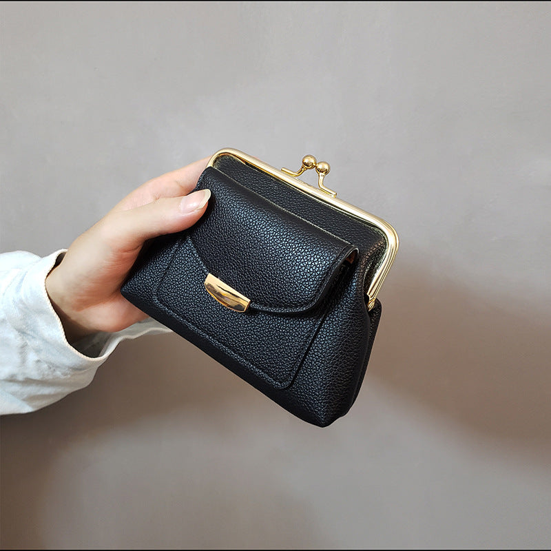 Black Vintage Style Women's Kiss Lock Coin Purse - Compact PU Leather Wallet with Card Holder