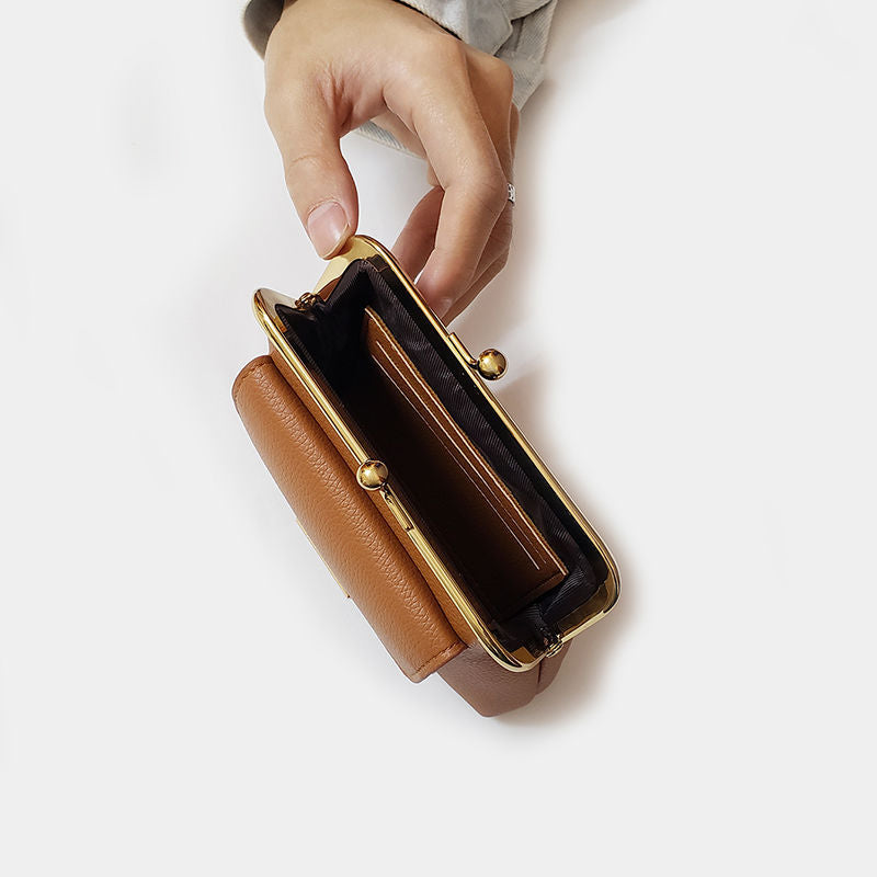 Brown Vintage Style Women's Kiss Lock Coin Purse - Compact PU Leather Wallet with Card Holder