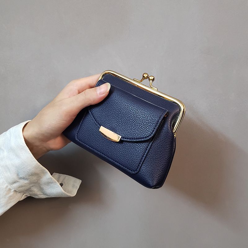 Dark Blue Vintage Style Women's Kiss Lock Coin Purse - Compact PU Leather Wallet with Card Holder