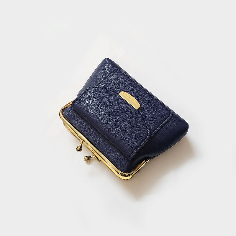Dark Blue Vintage Style Women's Kiss Lock Coin Purse - Compact PU Leather Wallet with Card Holder