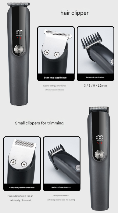 Black Professional All-in-One Cordless Grooming Kit - Men's Hair Clipper & Beard Trimmer with LED Display, USB-C Rechargeable