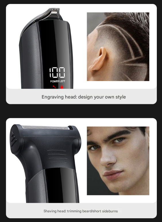 Black Professional All-in-One Cordless Grooming Kit - Men's Hair Clipper & Beard Trimmer with LED Display, USB-C Rechargeable