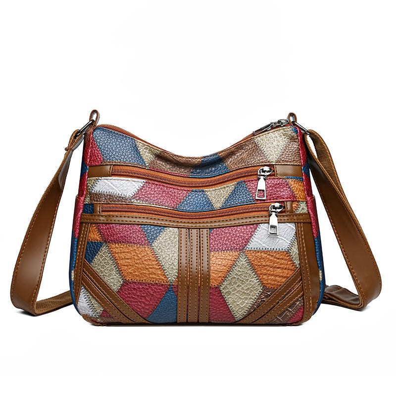 Colorful Vintage Geometric Patchwork Crossbody Bag - Women's Multi-Pocket PU Leather Shoulder Purse
