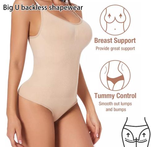 2 Pcs Size XL Skin Color Seamless Backless Bodysuit Shapewear - Deep U-Plunge Tummy Control Thong Shaper