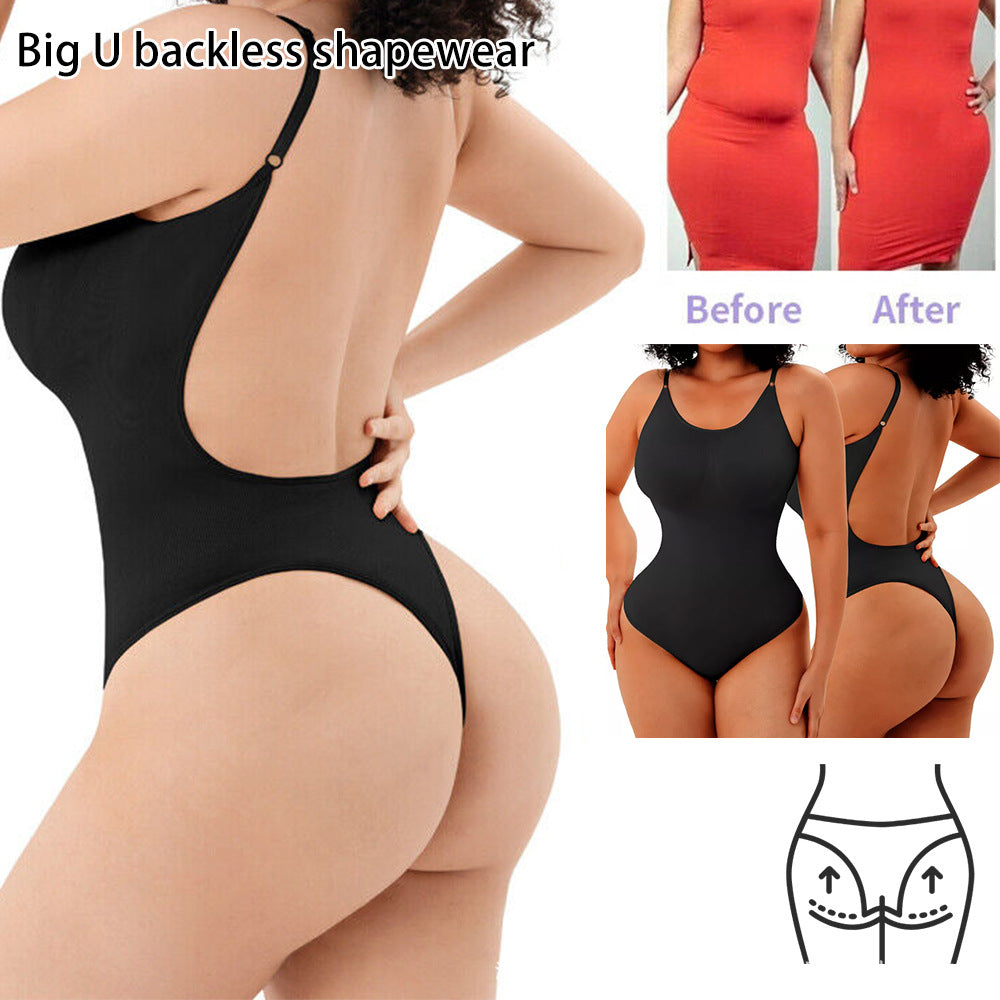 2 Pcs Size M Skin Color Seamless Backless Bodysuit Shapewear - Deep U-Plunge Tummy Control Thong Shaper