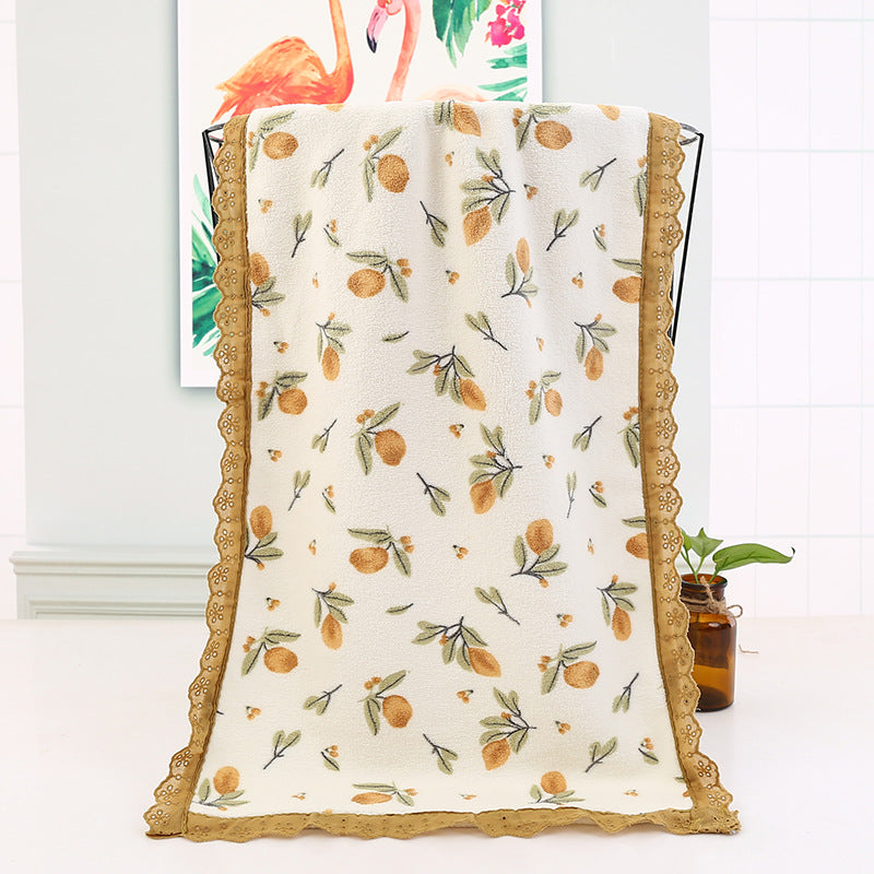 Beige Vintage Floral Lace Trim Towel Set - Ultra Soft Absorbent Coral Fleece Bath & Face Towel