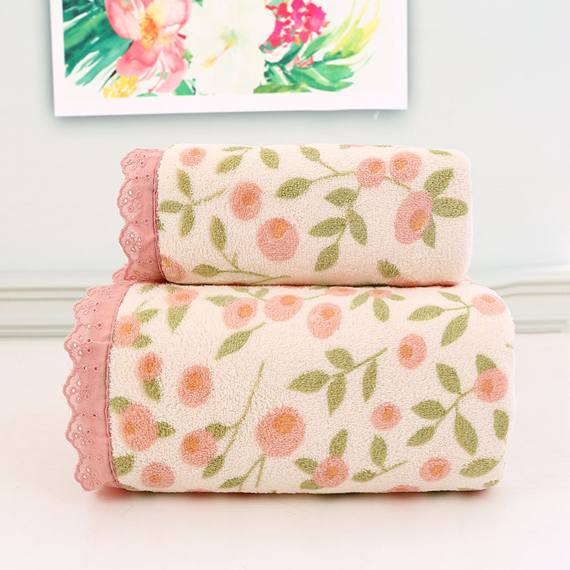 Pink Vintage Floral Lace Trim Towel Set - Ultra Soft Absorbent Coral Fleece Bath & Face Towel