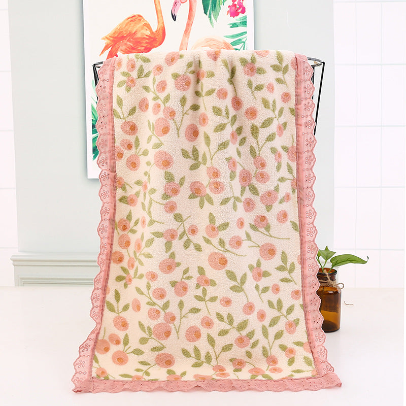 Pink Vintage Floral Lace Trim Towel Set - Ultra Soft Absorbent Coral Fleece Bath & Face Towel