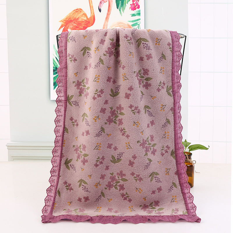 Purple Vintage Floral Lace Trim Towel Set - Ultra Soft Absorbent Coral Fleece Bath & Face Towel