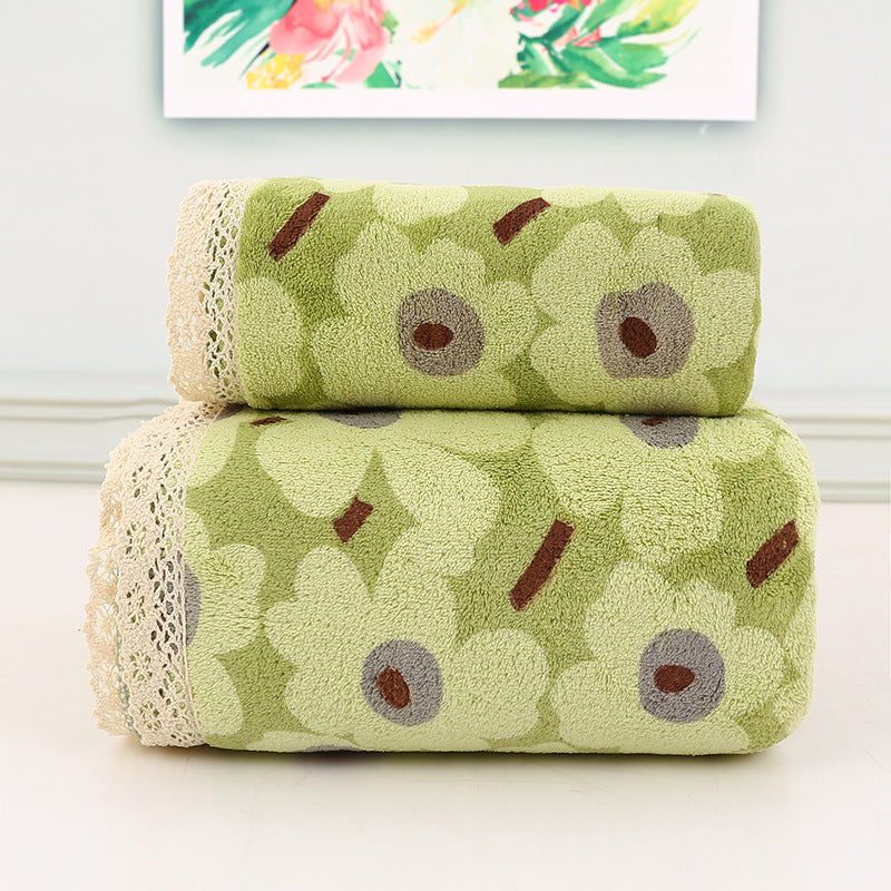 Green Vintage Floral Lace Trim Towel Set - Ultra Soft Absorbent Coral Fleece Bath & Face Towel