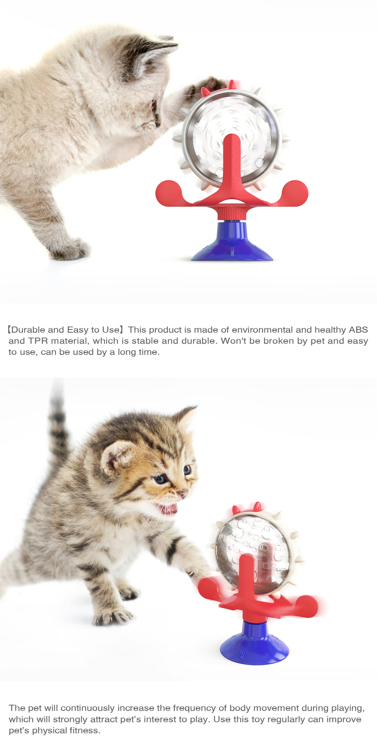 Red,Blue and White Interactive Pet Treat Dispenser - Spinning Wheel Food Puzzle Toy for Cats & Dogs with Suction Cup Base