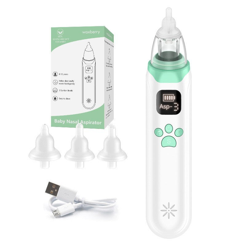 White and Green Rechargeable Electric Baby Nasal Aspirator - Gentle Nose Cleaner with 3 Suction Levels, Soothing Music & Light