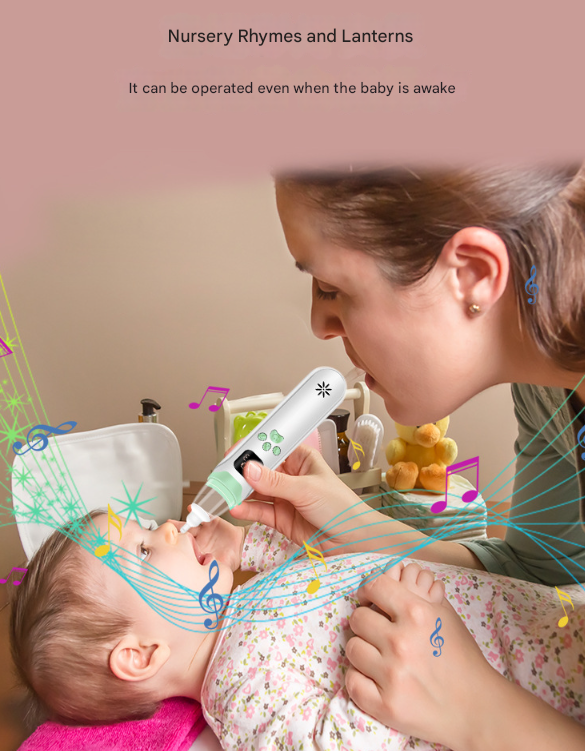 White and Green Rechargeable Electric Baby Nasal Aspirator - Gentle Nose Cleaner with 3 Suction Levels, Soothing Music & Light