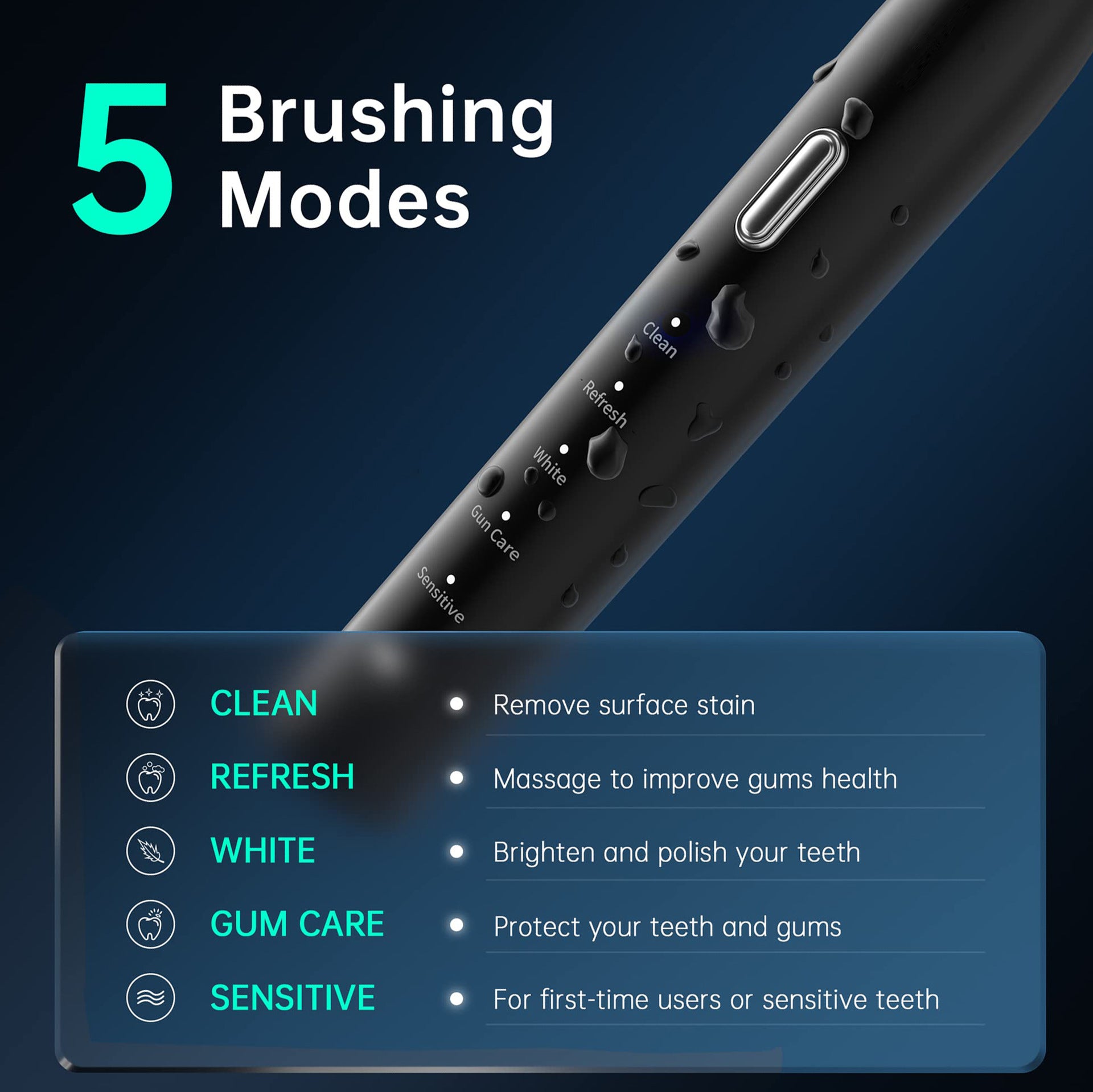 Black Sonic Rechargeable Electric Toothbrush with 8 Heads & Travel Case - 5 Brushing Modes & Smart Timer(USB)