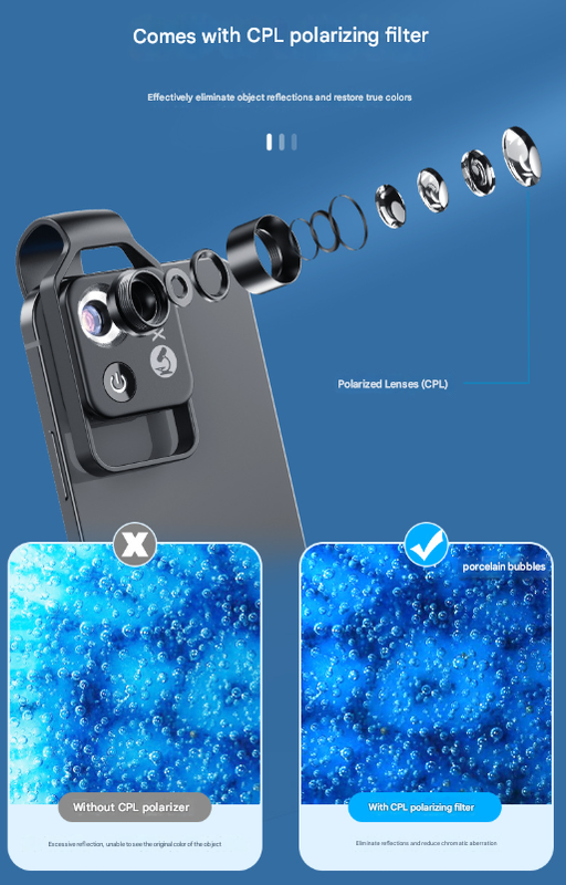 White Portable 200X Clip-On Microscope Lens for Smartphone - HD Pocket Magnifier with CPL Filter and LED Light(excluding mobile phones)