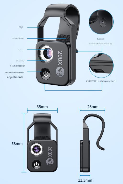 White Portable 200X Clip-On Microscope Lens for Smartphone - HD Pocket Magnifier with CPL Filter and LED Light(excluding mobile phones)