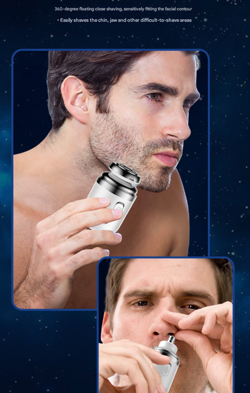 Black Portable Mini Electric Shaver for Men - USB Fast-Charge Travel Razor with Washable Head & Nose Trimmer Attachment