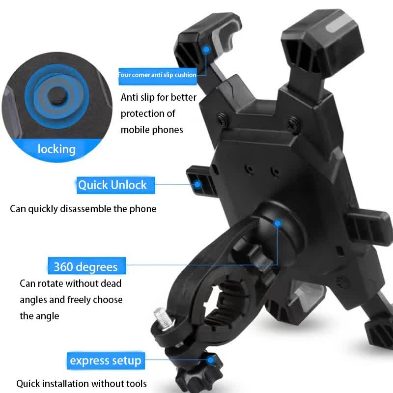 Blue and Black Secure Grip Bike Phone Mount - Adjustable 360 Rotation Bicycle Handlebar Holder, Universal Cradle for MTB & Road Cycling