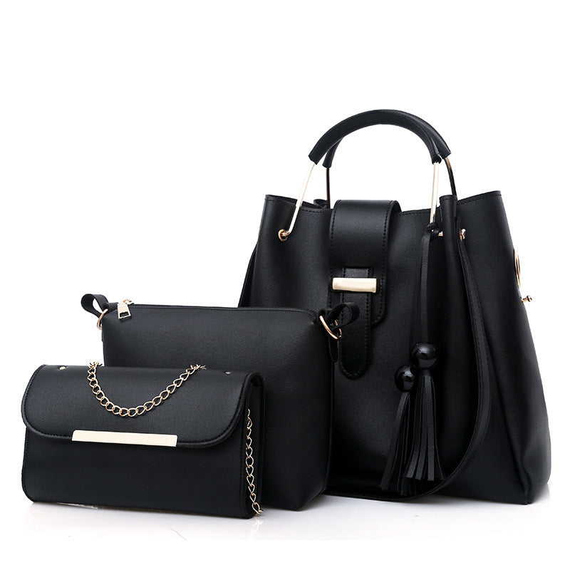 Black Chic 3-Piece Women's Handbag Set - PU Leather Tote, Crossbody Bag & Clutch Purse