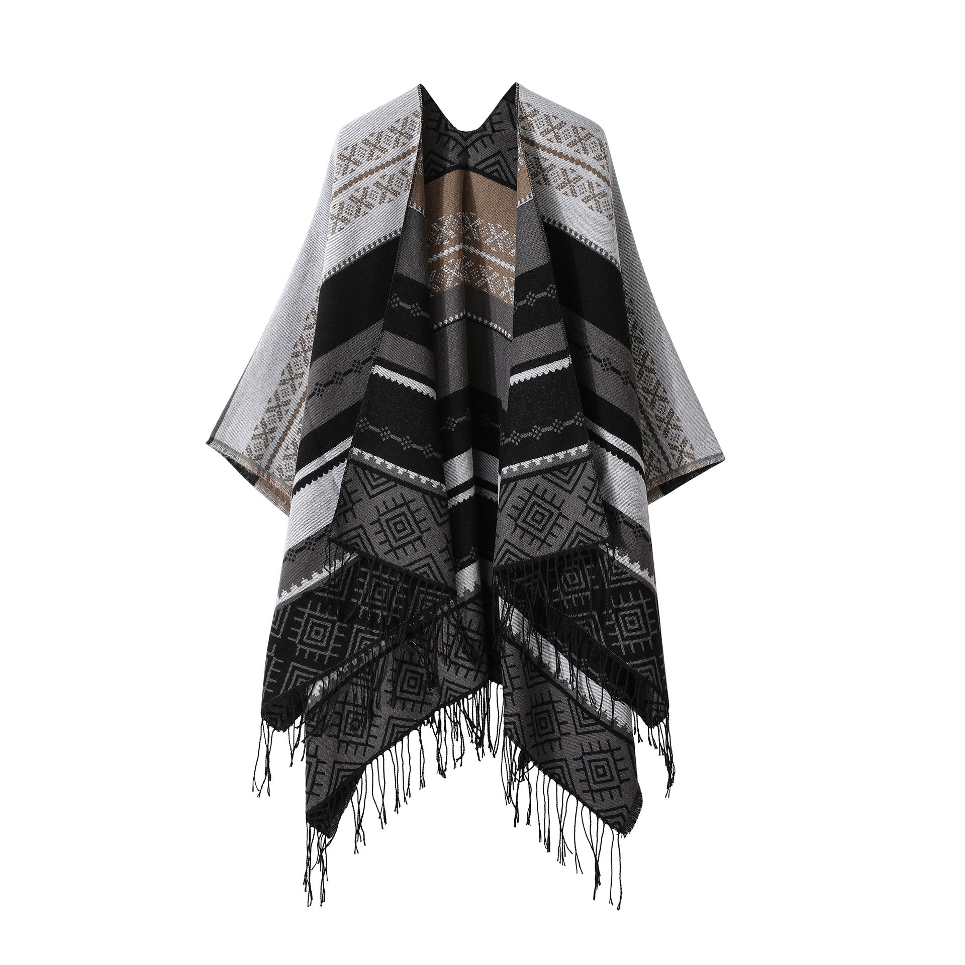 Black-grey Palindrome Fringe Bohemian Fringe Shawl Cloak - 160 x 135 cm Ethnic Inner Mongolia Style Double-Sided Scarf Cape