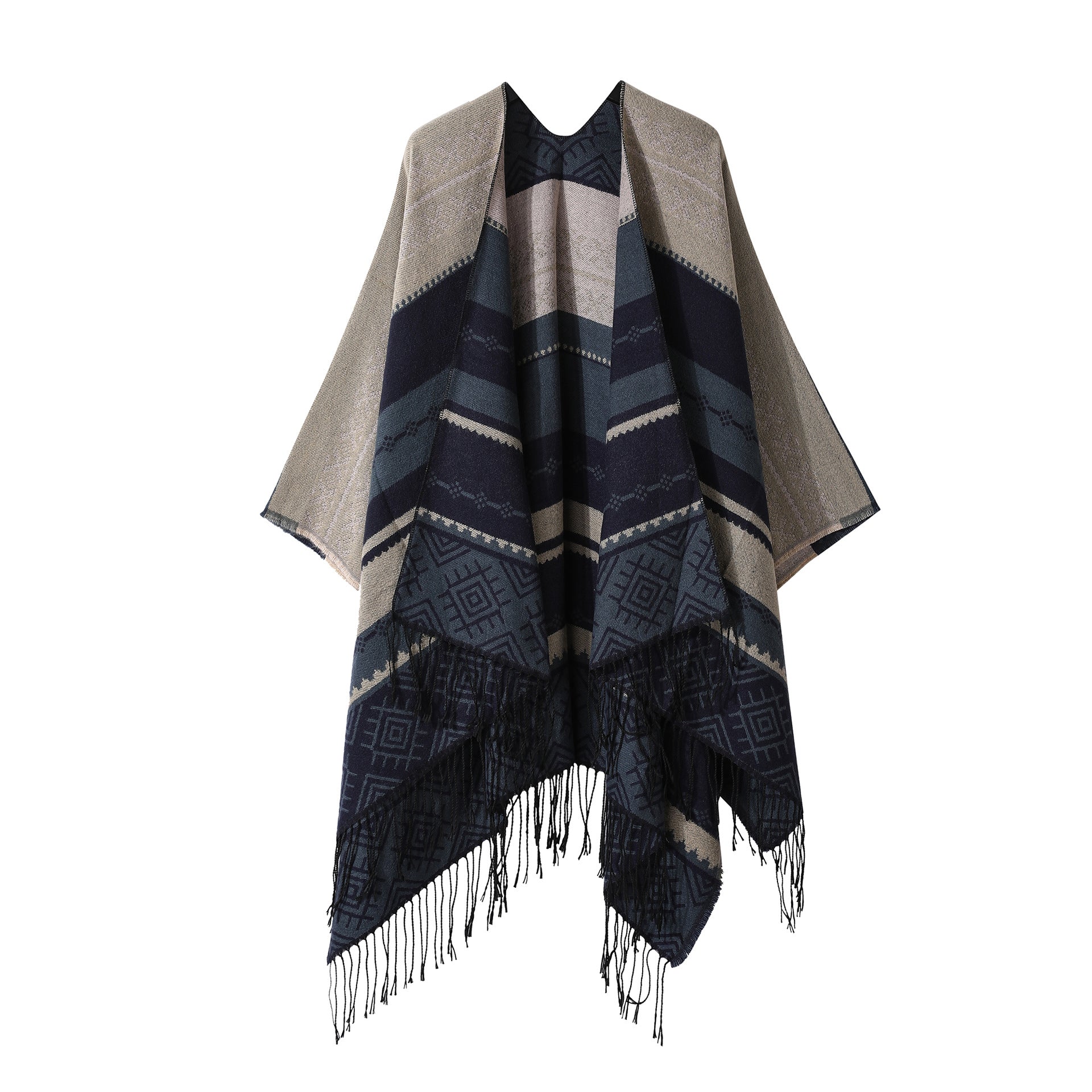 Navy Blue Palindrome Fringe Bohemian Fringe Shawl Cloak - 160 x 135 cm Ethnic Inner Mongolia Style Double-Sided Scarf Cape
