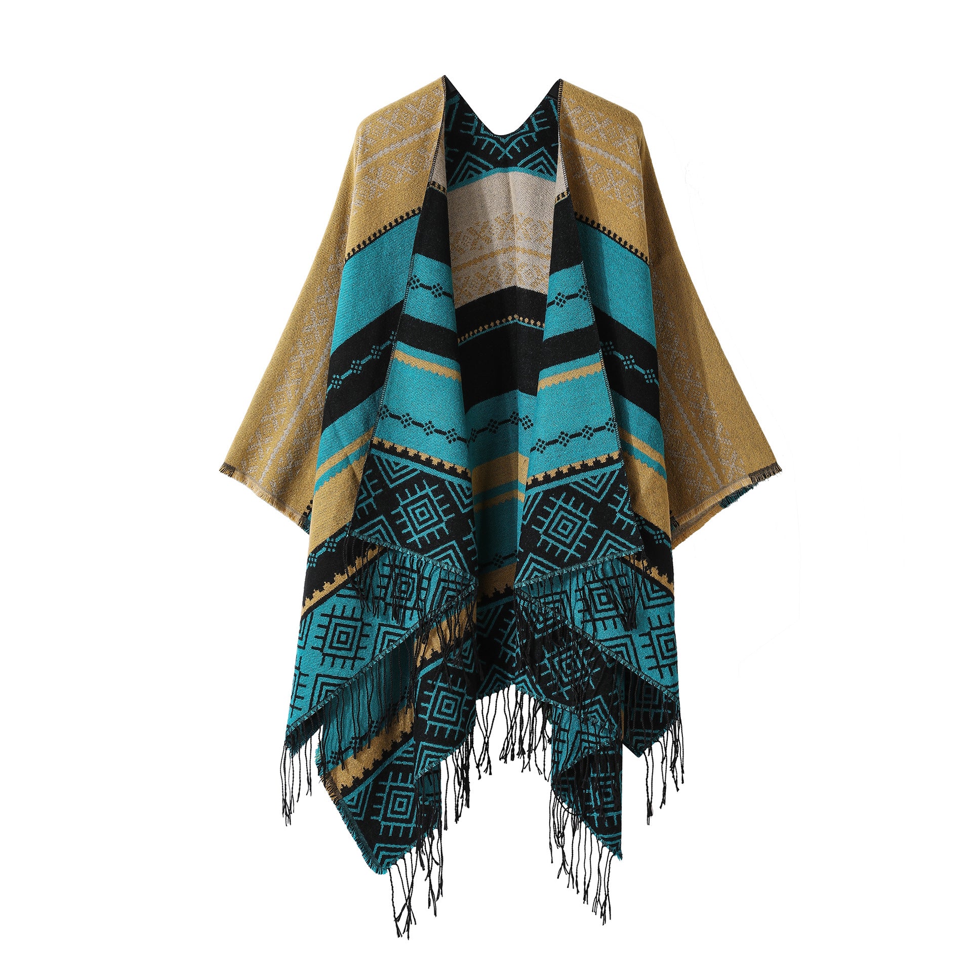 Blue Light-tan Palindrome Fringe Bohemian Fringe Shawl Cloak - 160 x 135 cm Ethnic Inner Mongolia Style Double-Sided Scarf Cape