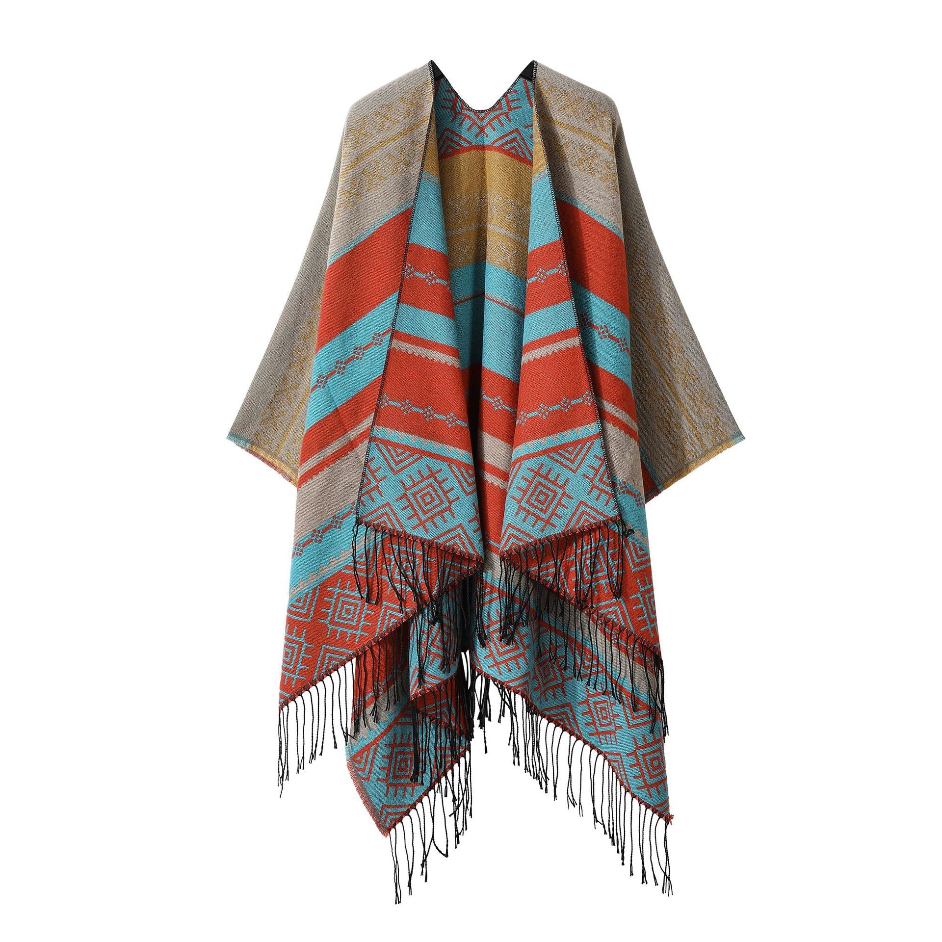 Blue Orange Palindrome Fringe Bohemian Fringe Shawl Cloak - 160 x 135 cm Ethnic Inner Mongolia Style Double-Sided Scarf Cape