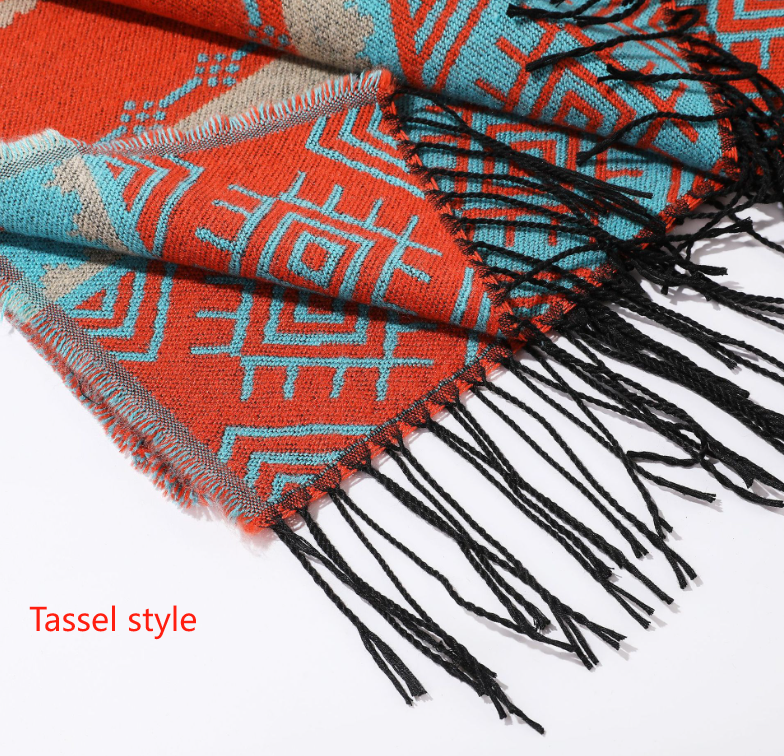 Blue Orange Palindrome Fringe Bohemian Fringe Shawl Cloak - 160 x 135 cm Ethnic Inner Mongolia Style Double-Sided Scarf Cape