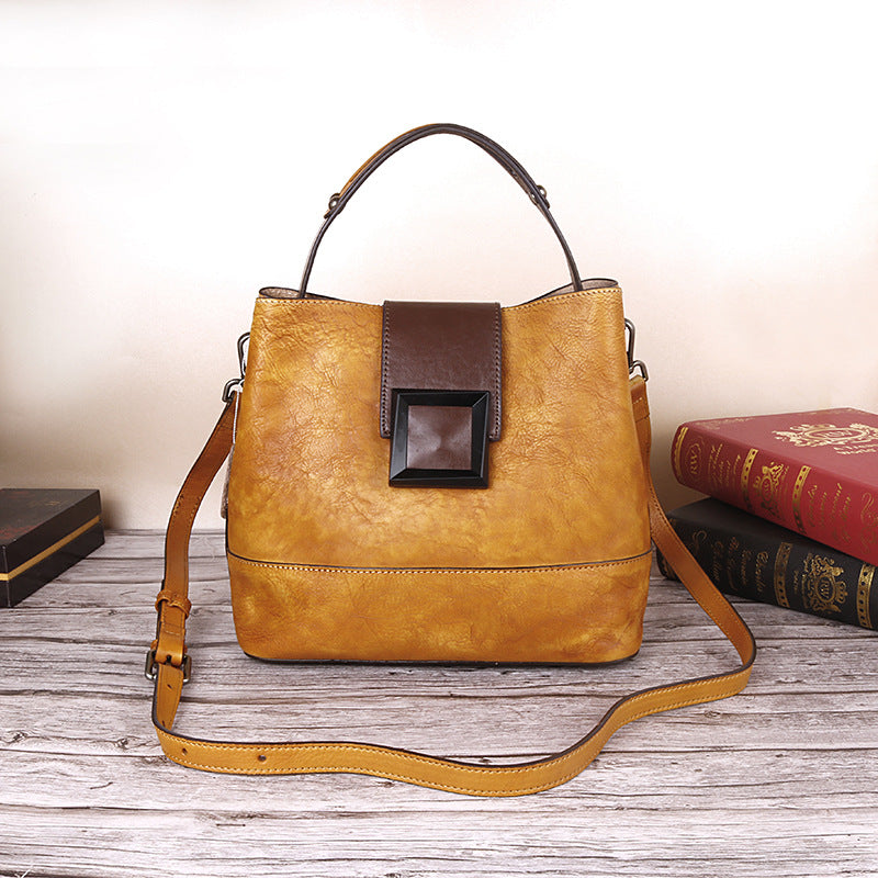 Vintage Yellow Leather Handbag - Elegant Multi-Functional Design