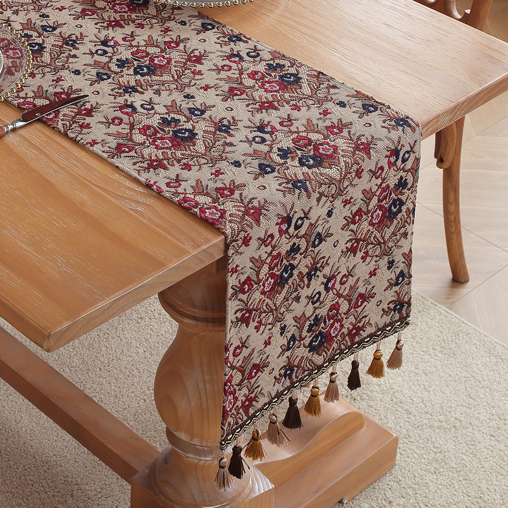 Jacquard Plum American Retro Jacquard Embroidered Table Runner - Light Luxury Table Mat 30cm x 180cm with Tassels