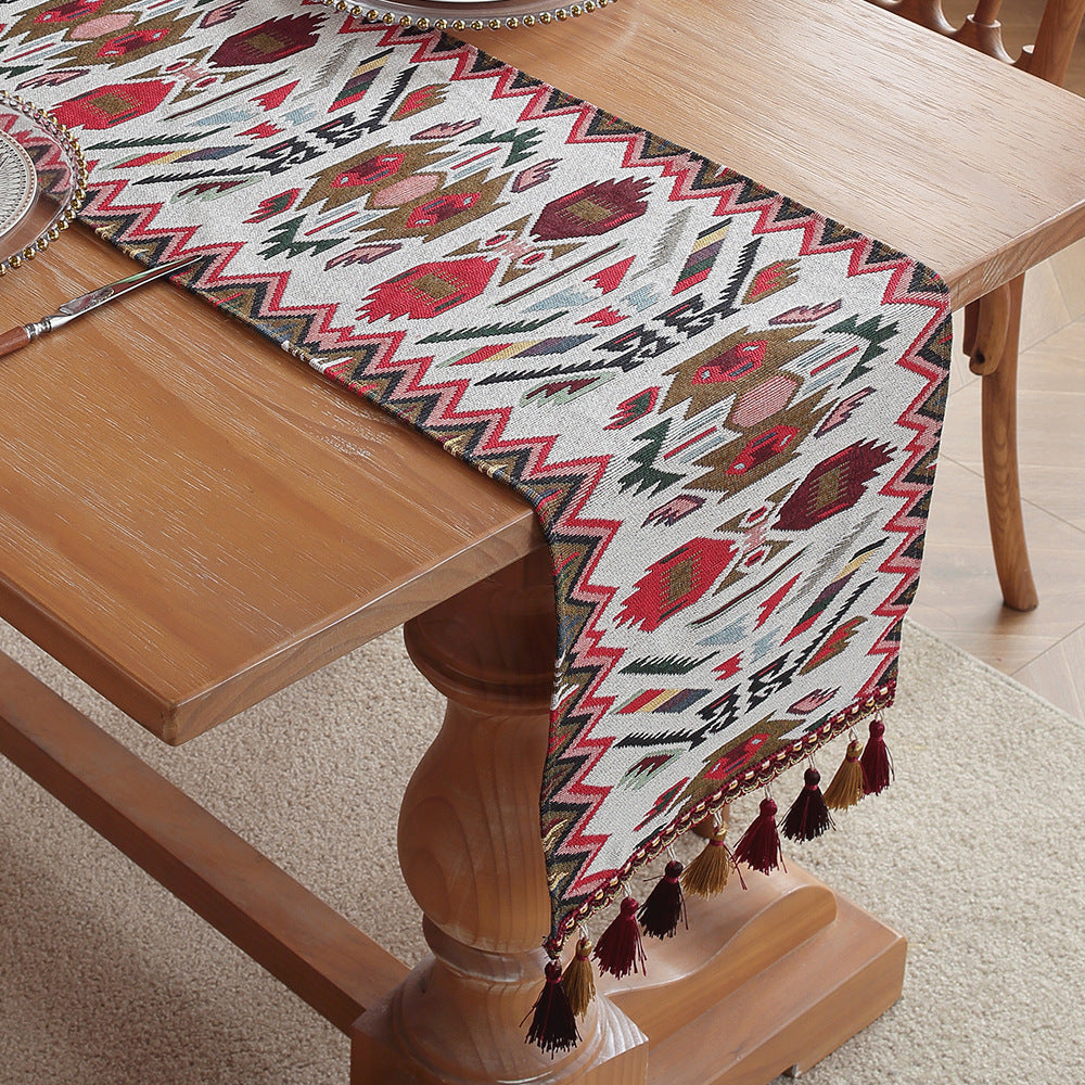 Posey's Geometry American Retro Jacquard Embroidered Table Runner - Light Luxury Table Mat 30cm x 180cm with Tassels