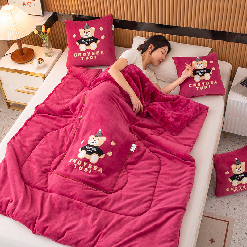 Rose Red Padded Thickened Hat Bear 2-in-1 Foldable Car Pillow Blanket - Cozy 40x40cm Pillow, Unfolds to 100x150cm Blanket for Travel and Office Naps