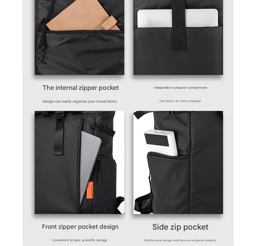 Black Urban Explorer Roll-Top Backpack - Water-Resistant Large Capacity Bag for Travel, Work & Laptop
