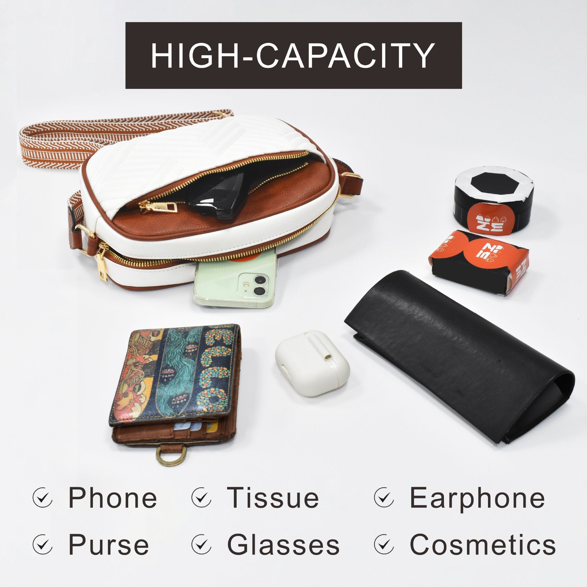 Tessellated Black Chic Quilted Crossbody Bag - Vintage PU Leather Shoulder Purse with Adjustable Strap