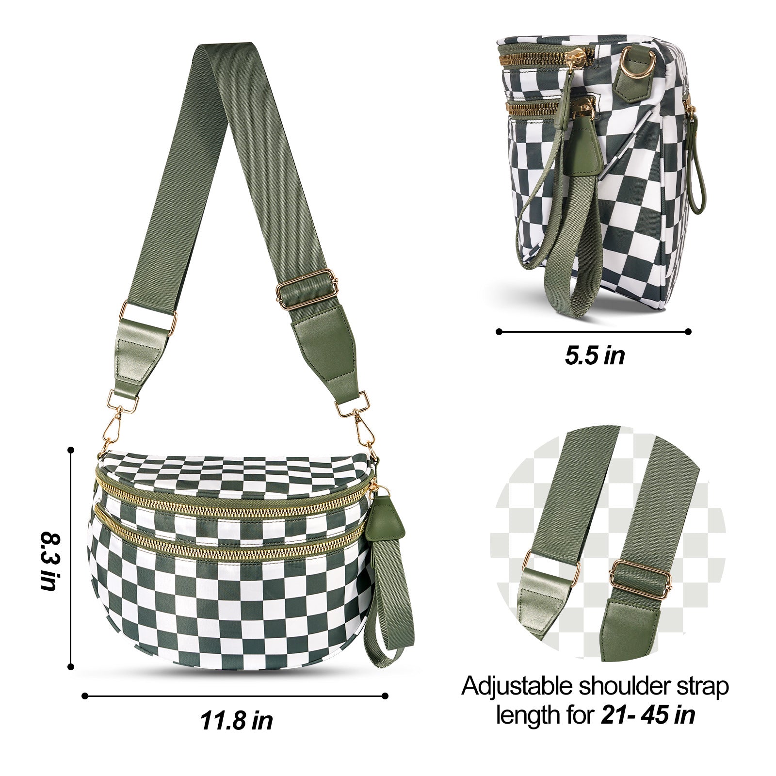 Black-white Checkered Trendy Sling Bag - Women's Crescent Crossbody Purse with Wide Adjustable Strap