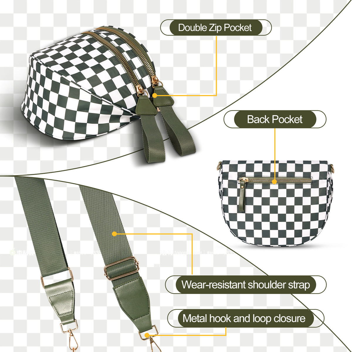 Black-white Checkered Trendy Sling Bag - Women's Crescent Crossbody Purse with Wide Adjustable Strap