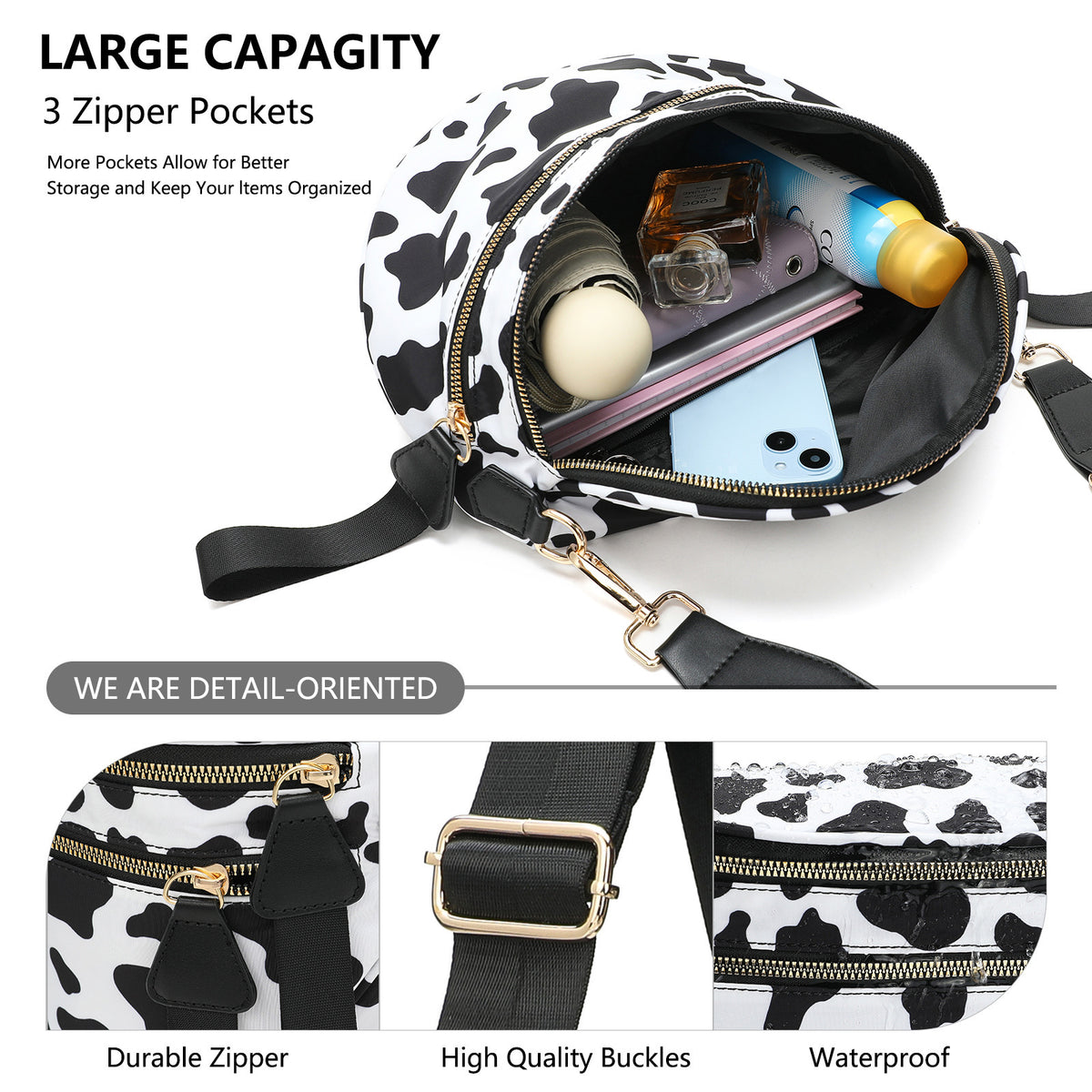 Black-white Cow Checkered Trendy Sling Bag - Women's Crescent Crossbody Purse with Wide Adjustable Strap