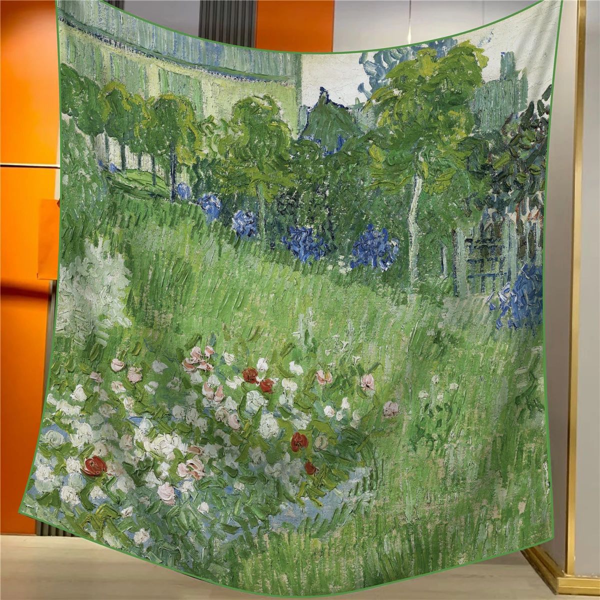 Dobyns Garden Elegant Artistry Shawl - Large 130cm Square Scarf with Oil Painting Print & Hand-Rolled Hem