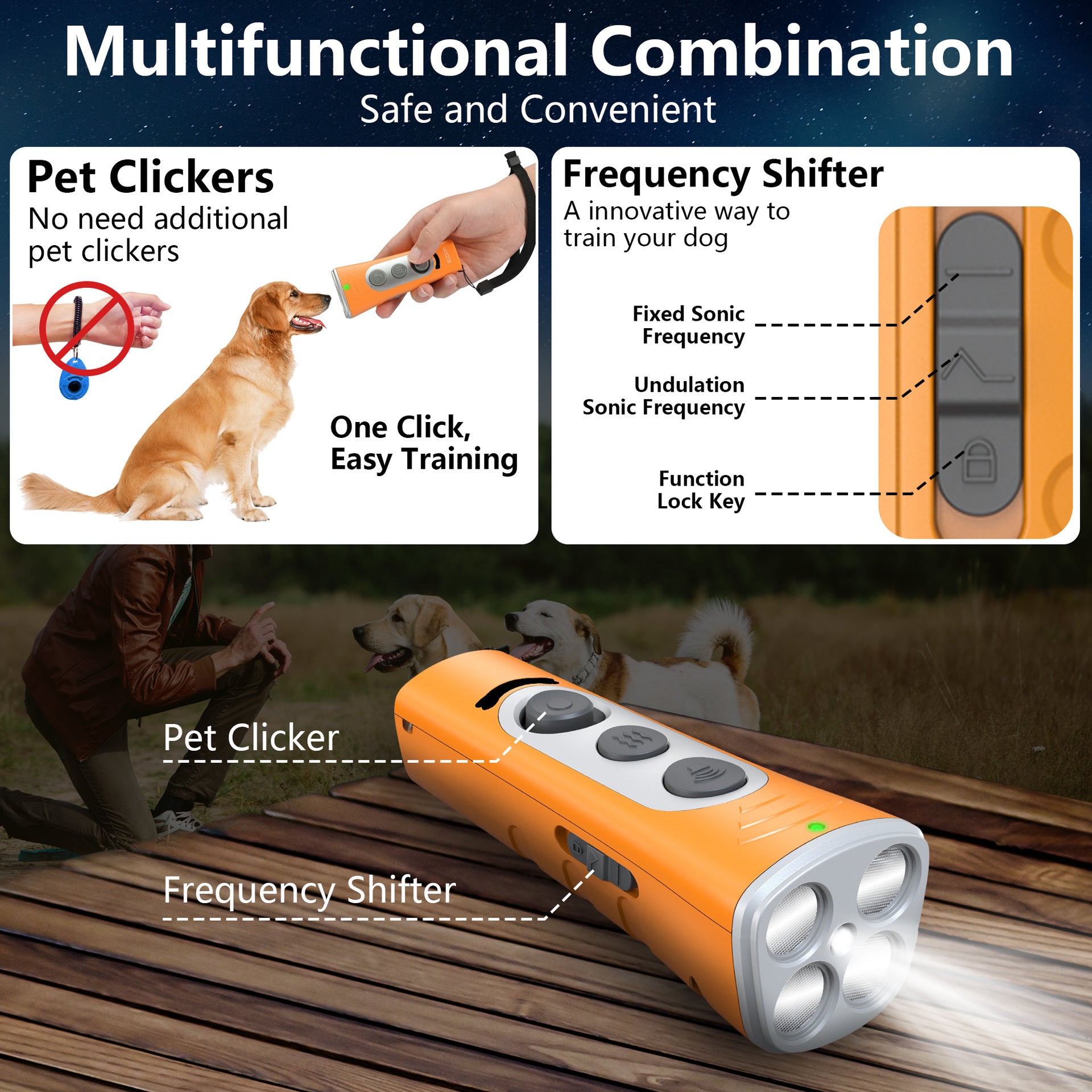 Yellow Ultrasonic Dog Barking Control Device - Dual Frequency Anti-Bark Trainer with IP65 Waterproof (11.8x48.5x44mm)