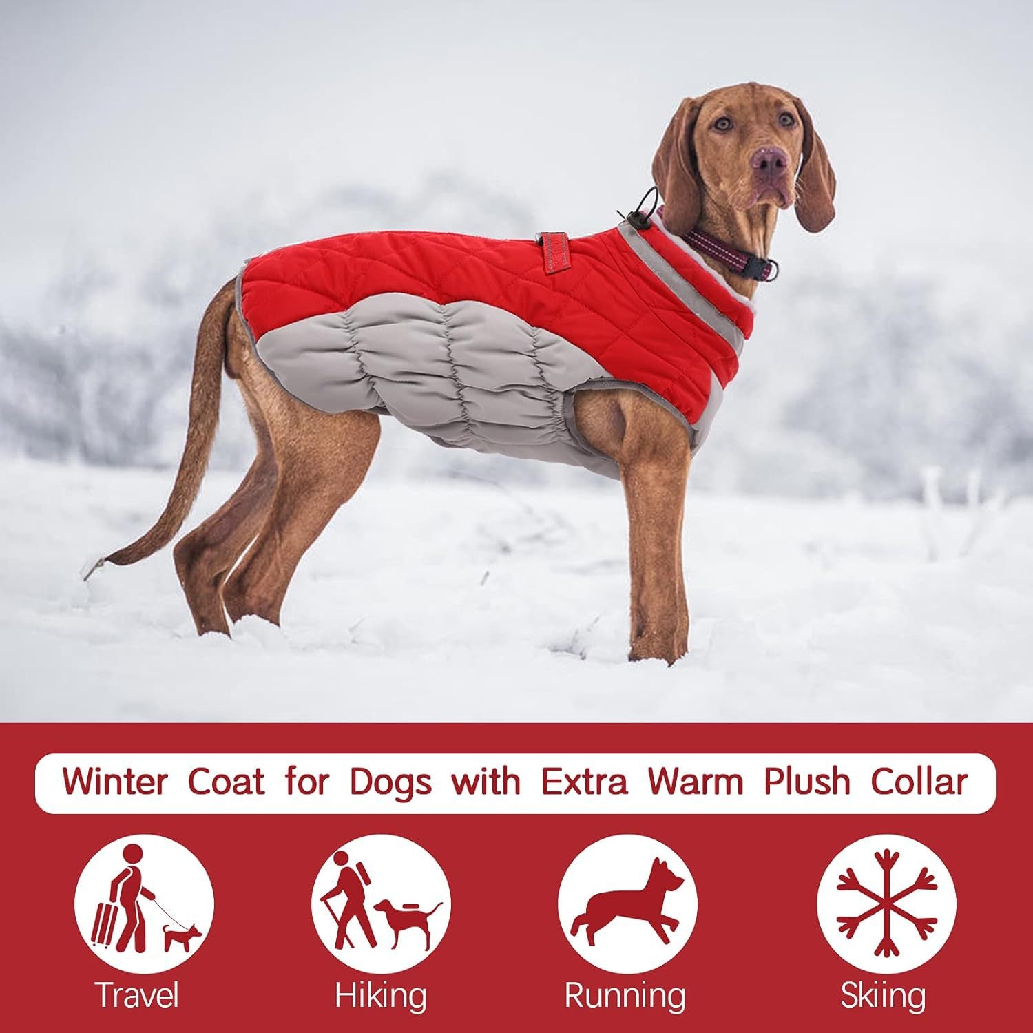 XXL Red Grey Premium Winter Puffer Dog Coat - Windproof & Fleece-Lined Jacket for Cold Weather