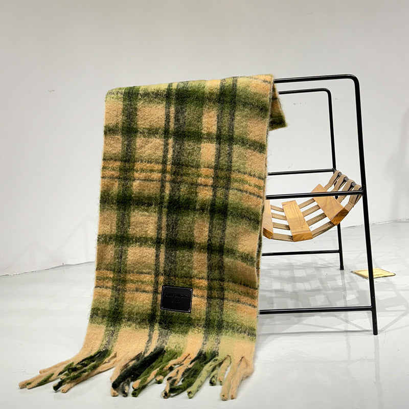 Yellow-green Plaid Color-Block Women's Scarf - Autumn/Winter Thick Warm Neck Wrap with Tassels