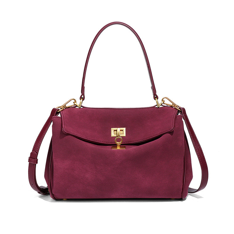Wine Red Women's Vintage Suede Satchel Bag - Elegant Top Handle Purse with Gold Lock
