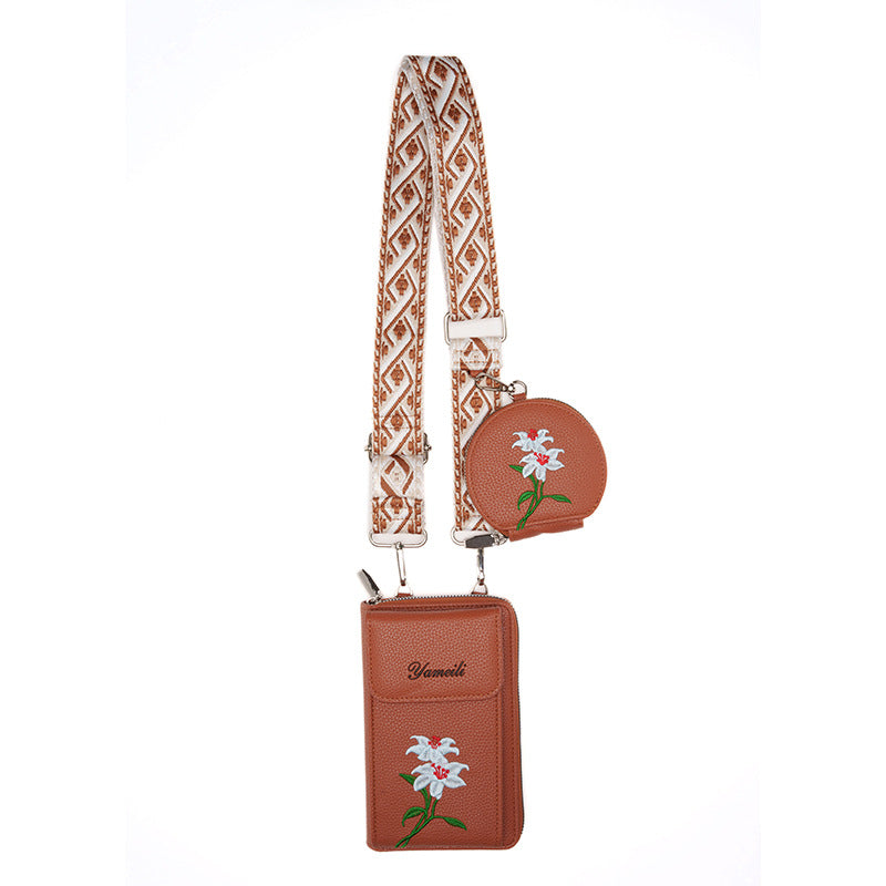 Brown Chic Floral Embroidered 2-in-1 Crossbody Phone Bag with Coin Purse