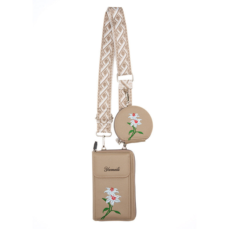 Beige Chic Floral Embroidered 2-in-1 Crossbody Phone Bag with Coin Purse