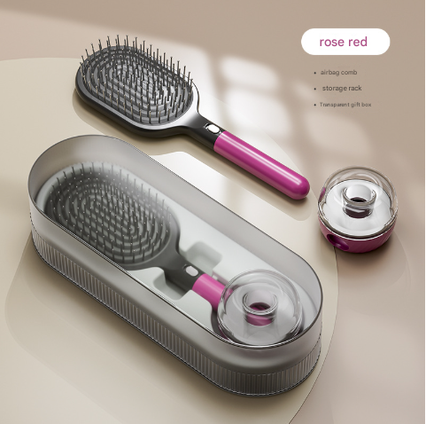 Rose Red Premium Self-Cleaning Hair Brush Set with Stand - Anti-Static Detangling & Scalp Massage Paddle Brush