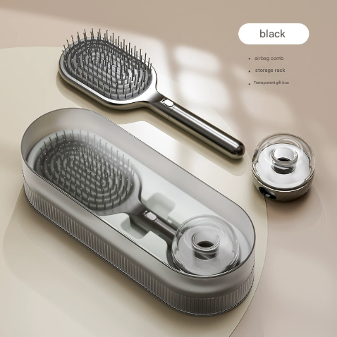 Black Premium Self-Cleaning Hair Brush Set with Stand - Anti-Static Detangling & Scalp Massage Paddle Brush