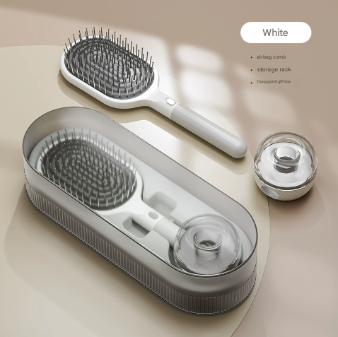 White Premium Self-Cleaning Hair Brush Set with Stand - Anti-Static Detangling & Scalp Massage Paddle Brush