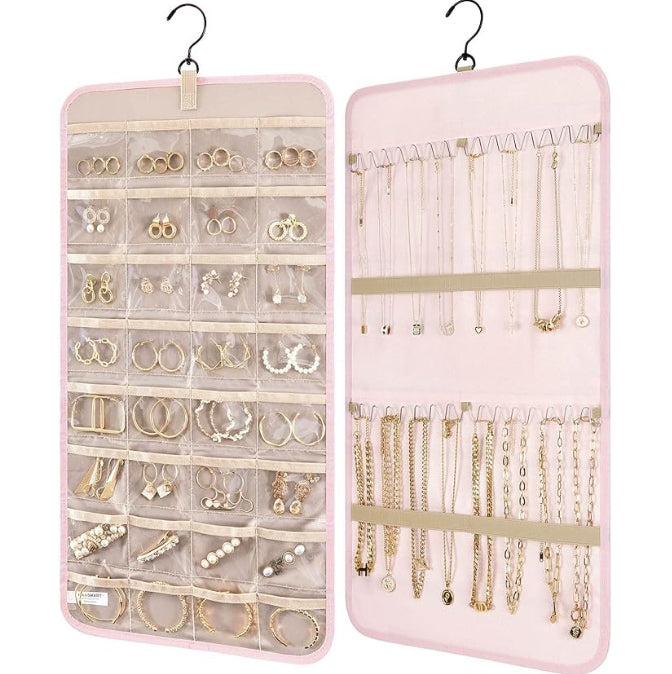 Pink Hanging Jewelry Organizer - Closet Storage for Necklaces, Earrings, and Rings with Clear Pockets(14*33inch)