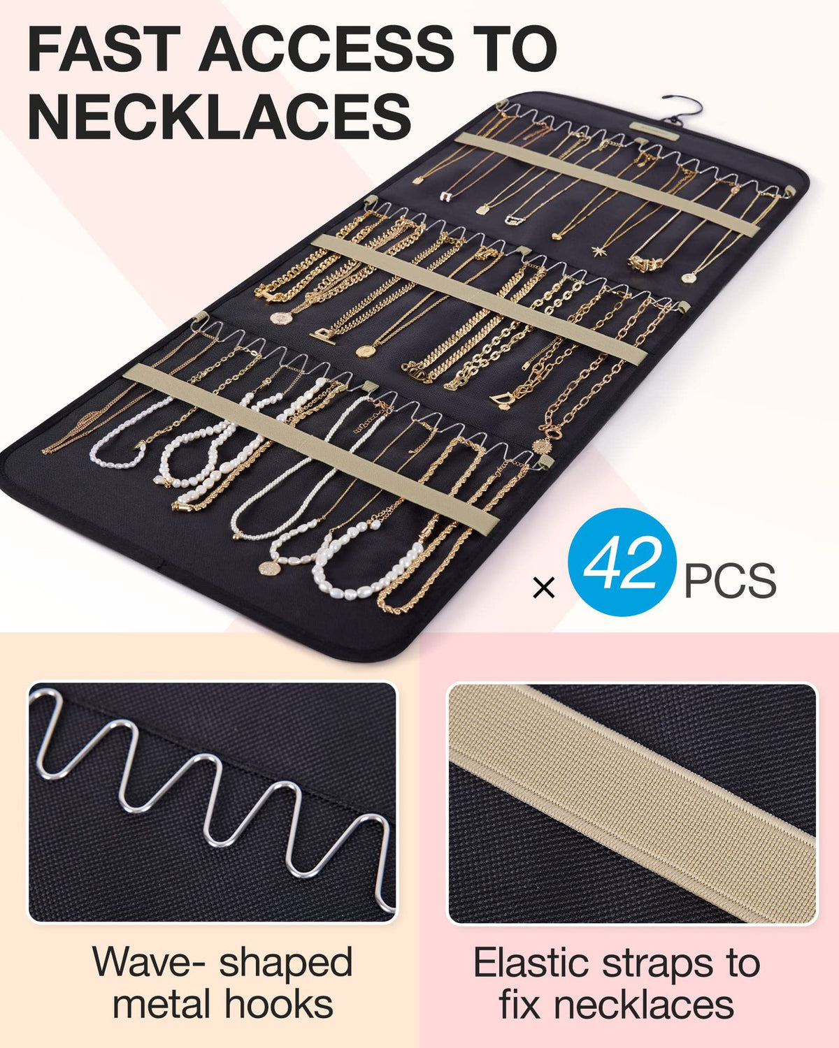 Pink Hanging Jewelry Organizer - Closet Storage for Necklaces, Earrings, and Rings with Clear Pockets(14*33inch)